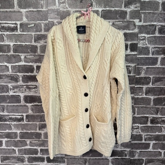 Aran woolen mills Merino Wool Cable Knit Irish Shawl Cardigan Sweater - Picture 1 of 10